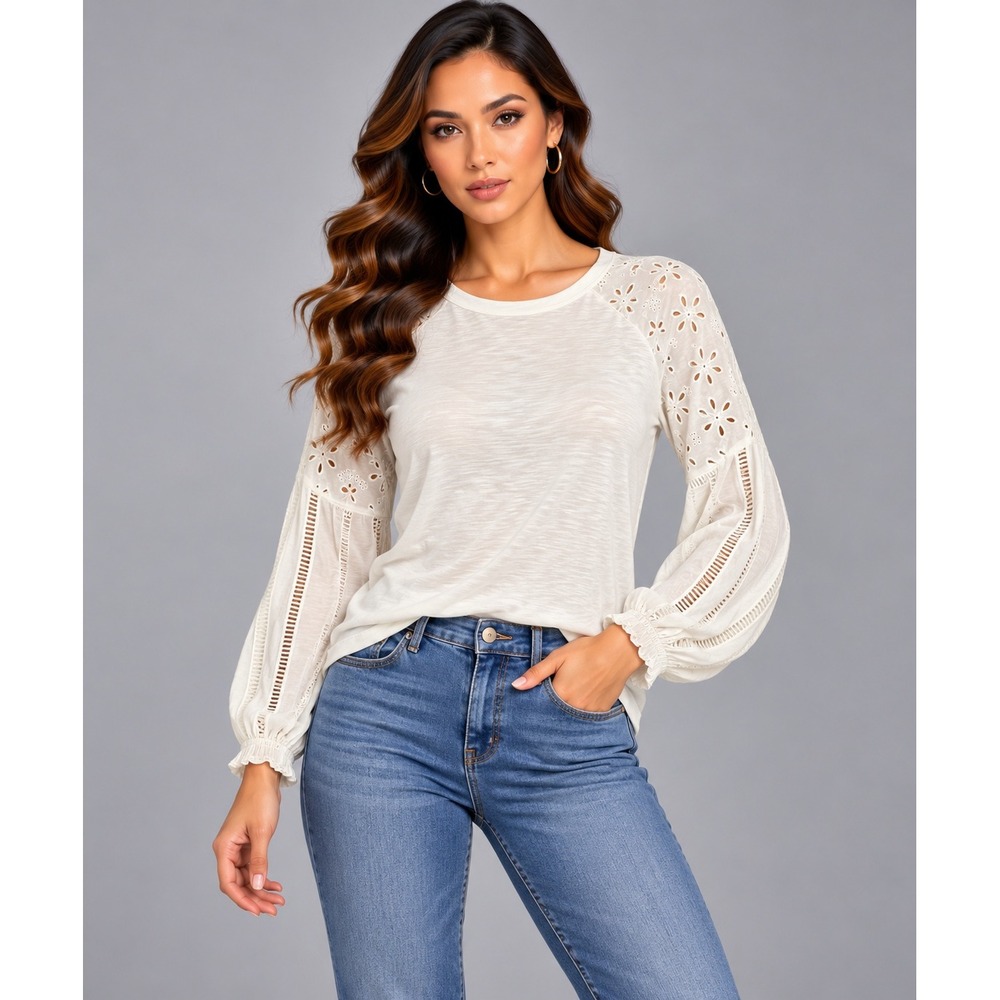 Talbots Eyelet Lace Sleeve Top Womens XL White Excellent Slub Knit Crewneck